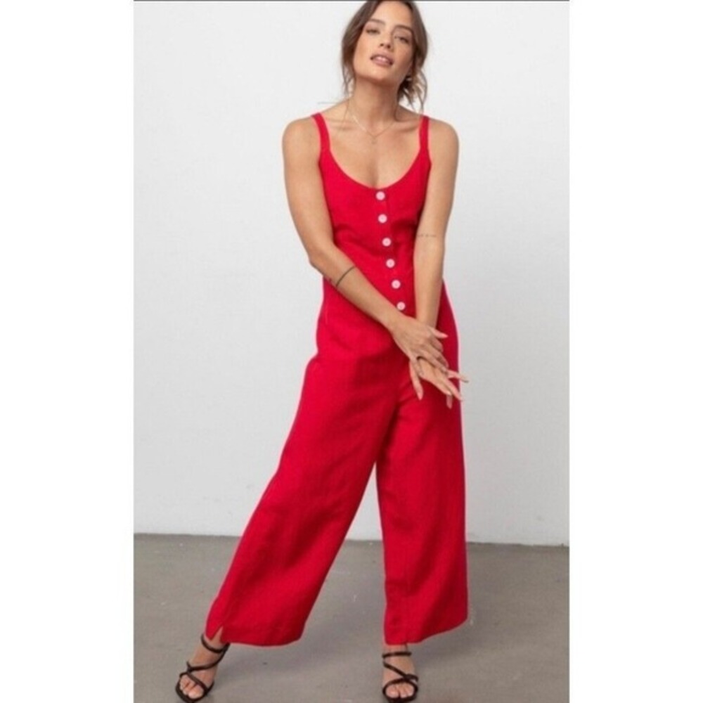 Rails Red Jumpsuit Button Front Sleeveless Open Back Cropped Wide Leg XS‎